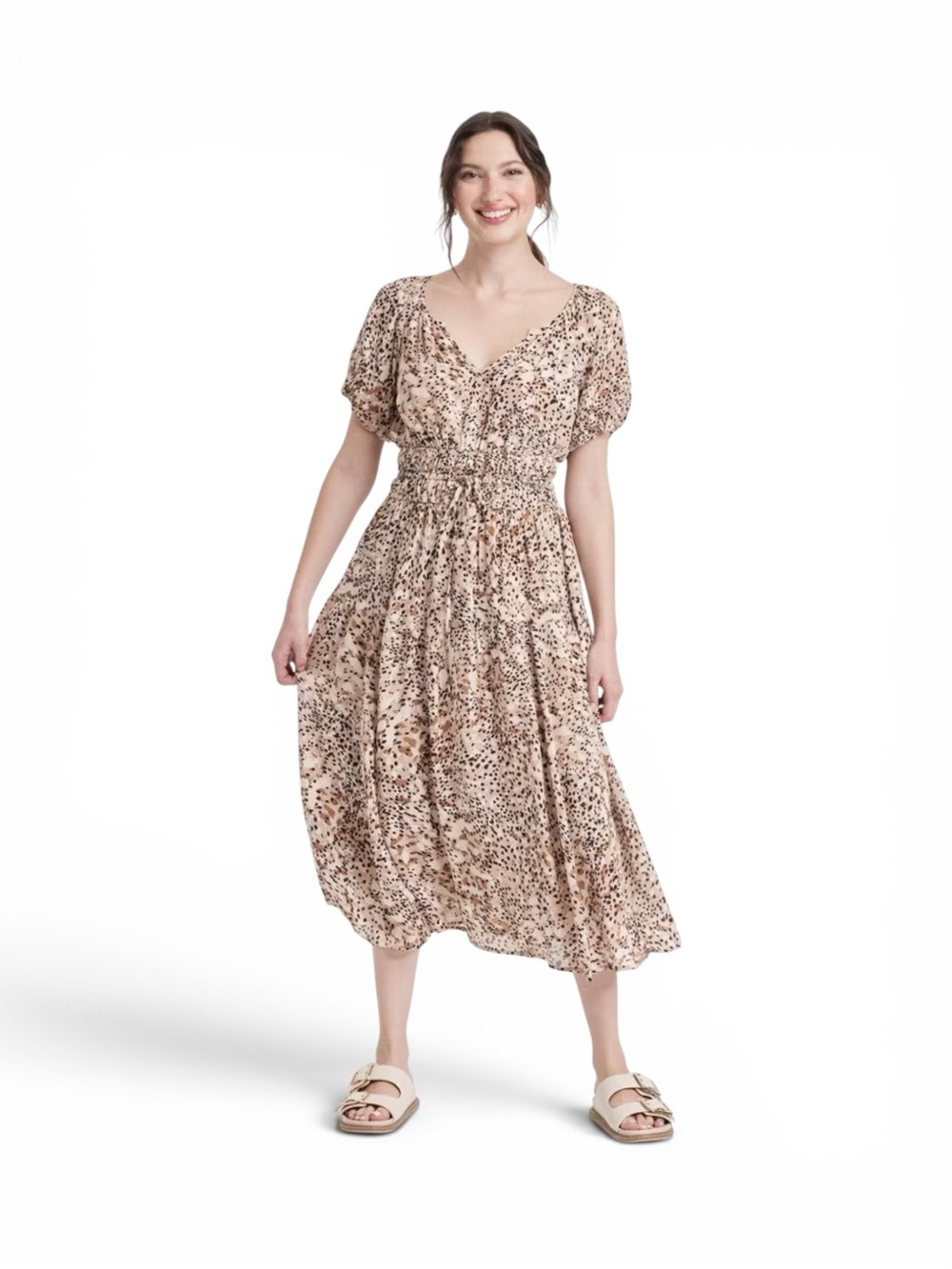 Leopard Cheetah Print Smocked-Waist Puff Sleeve Midi Dress